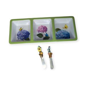 Spring/Summer Melamine 3 Compartment Dish w/ Hydrangea Accents & 2 Spreaders